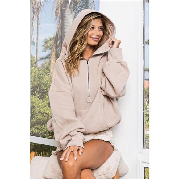 BiBi Stitch Detailed Elastic Hem Half Zip Fleece Hoodie - Picture 1 of 4